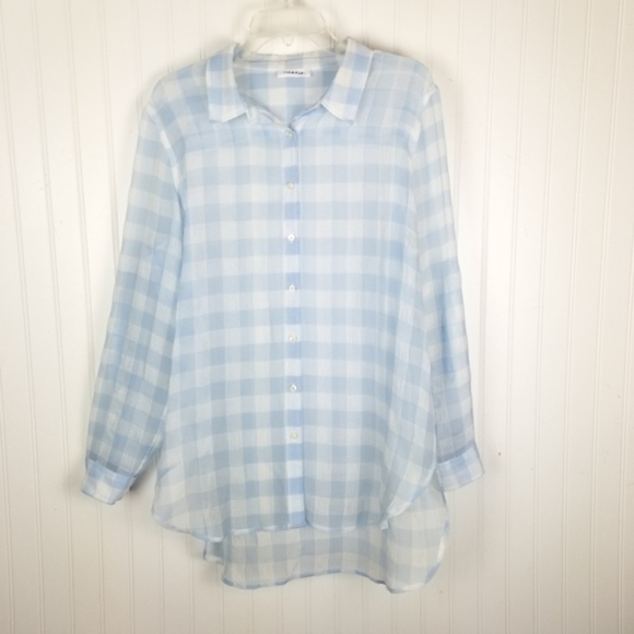 Calvin Klein Women's Long Sleeve Button Top Blouse Sheer Gingham Roll Tab Large - Picture 7 of 7